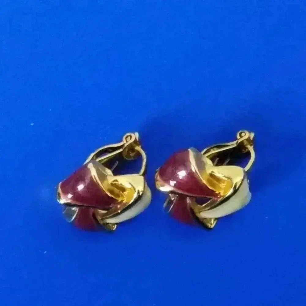 Vintage Knot Earrings Enamel Purple White Clip On